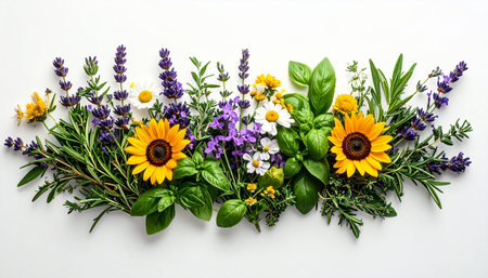 Herbs and flowers on a white background. Herbs and spices.の素材