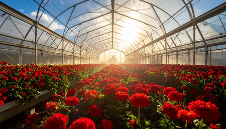 Beautiful red flowers in a glasshouse in the sun rays.の素材