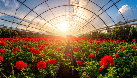 Beautiful red geranium flowers growing in a greenhouse at sunset.の素材