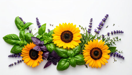 Fresh basil, sunflower and lavender flowers on a white backgroundの素材