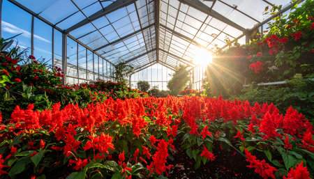 Beautiful red flowers in a greenhouse in the morning light, stock photoの素材