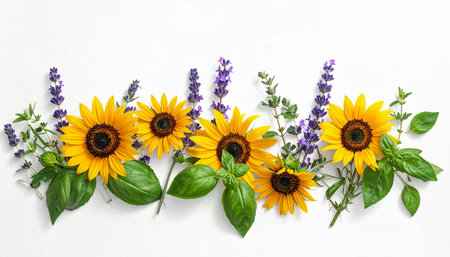 Sunflowers, lavender and basil on a white wooden backgroundの素材