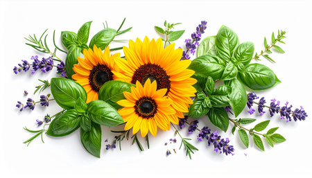 Fresh basil, sunflower and lavender flowers isolated on white backgroundの素材
