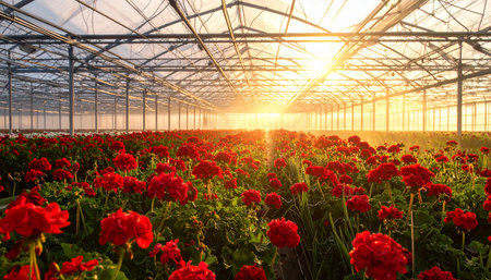 Geraniums in a greenhouse in the rays of the setting sunの素材