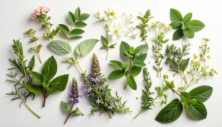 Flat lay composition with different herbs on white background, top viewの素材