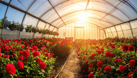 Beautiful red roses growing in a greenhouse on a sunny day.の素材