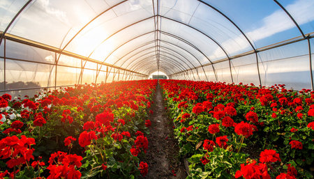 Large greenhouse with red flowers in the early morning sun. Panoramaの素材