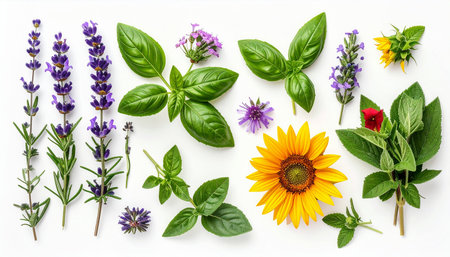Fresh herbs and flowers isolated on white background. Flat lay, top viewの素材