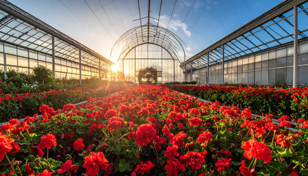 Beautiful blooming red geranium flowers in a greenhouse at sunsetの素材