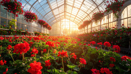 Beautiful red geranium flowers in a glasshouse at sunset.の素材