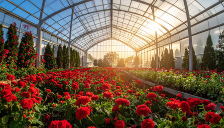 Beautiful red flower garden in the glasshouse at sunset time.の素材