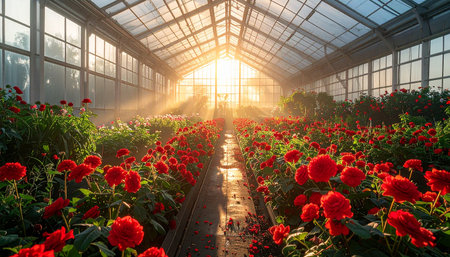 Roses in a greenhouse. Beautiful flowers in a greenhouse. Red roses in a greenhouseの素材