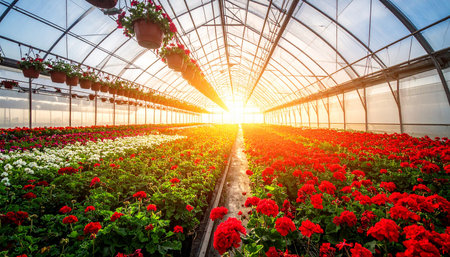Plantation of geraniums in a greenhouse, Netherlands.の素材