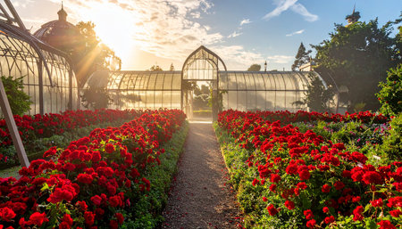 Beautiful red geraniums in botanical garden at sunset.の素材