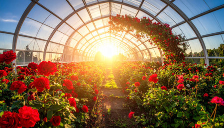 Roses in a greenhouse at sunset, beautiful summer landscape with flowersの素材