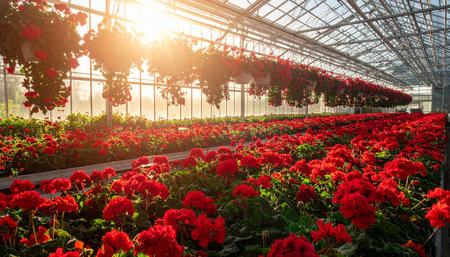 Red geranium flowers growing in a greenhouse with sunlight in the morningの素材
