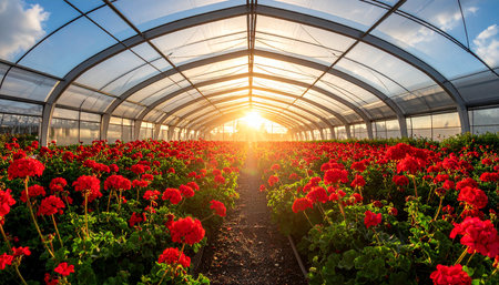 Red geraniums in a greenhouse in the rays of the setting sunの素材