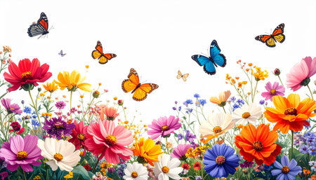 Colorful flowers and butterflies on white background. Floral background.の素材