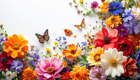 Colorful summer flowers and butterfly on white background. Flat lay, top viewの素材