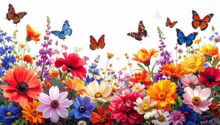 Colorful flowers and butterflies isolated on white background. Floral backgroundの素材