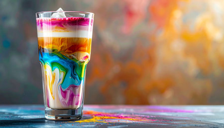 glass of multicolored cocktail with whipped cream on a colorful backgroundの素材
