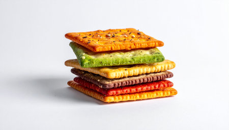colorful crackers isolated on a white background, food closeupの素材