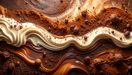 Cocoa powder with chocolate and cocoa beans on a dark backgroundの素材