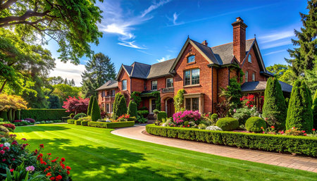 Luxury home with beautiful landscaped garden and lawn. Northwest, USAの素材