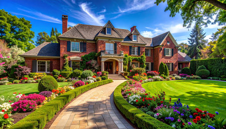 Beautiful landscaped front yard of home with red brick wall.の素材