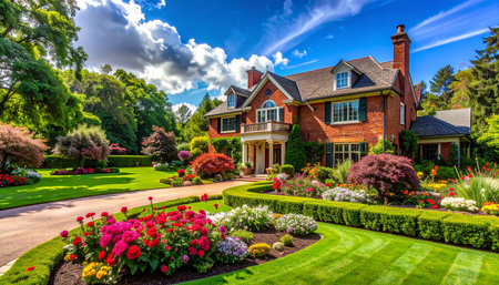 Luxury home in the middle of a beautiful flower garden.の素材