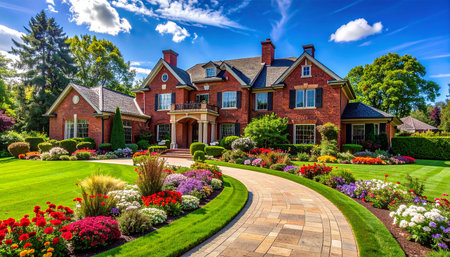 Beautiful view of classic brick house with flower bed in the garden.の素材