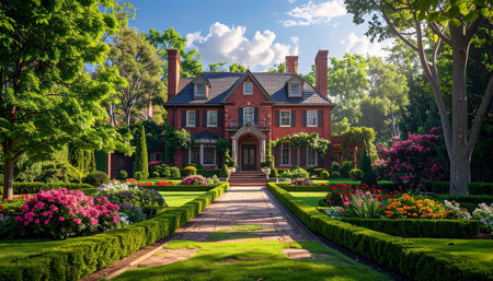 Luxurious mansion in the summer garden with blooming flowers.の素材