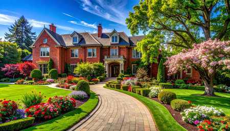 Beautiful blooming garden with red brick house and green lawn.の素材