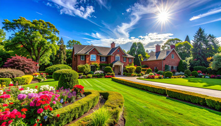 Beautiful view of luxury house with beautiful landscaped garden and lawn.の素材