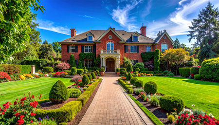 Beautiful landscape with blooming garden and brick path leading to luxury homeの素材