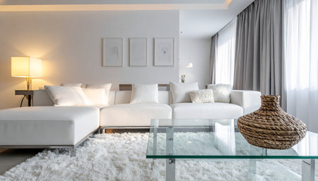 Interior of a modern living room with white sofa and pillowsの素材