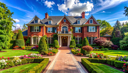 Luxury home with beautiful landscaped garden in the summer.の素材