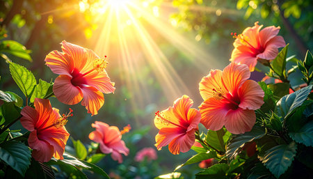 Hibiscus flower blooming in the morning with sunlight.の素材