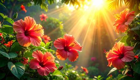 Hibiscus flowers blooming in the garden with sunlight.の素材