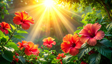 Hibiscus flowers in the garden with sunlight, Thailand.の素材