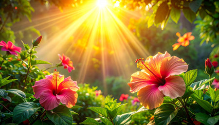 Hibiscus flowers in the garden with sunlight and lens flareの素材