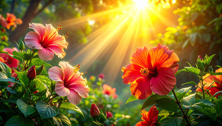 Hibiscus flower in the garden with sun light background.の素材