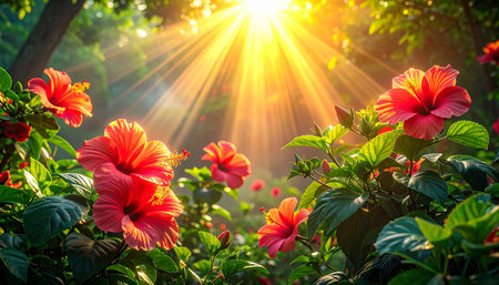 Beautiful red hibiscus flower in the garden with sunlightの素材