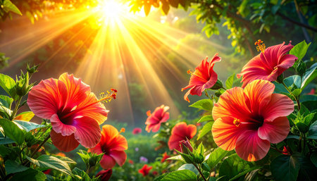Hibiscus flower blooming in garden with sun light backgroundの素材