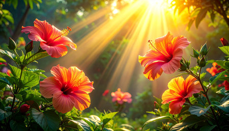 Hibiscus flower in the garden with sun light, Thailand.の素材
