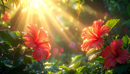Red hibiscus flower in the garden with sun light.の素材