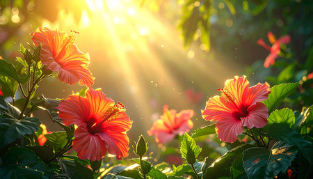 Red hibiscus flower in the garden with sunlight background.の素材