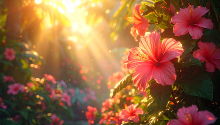 Hibiscus flower in the garden with sunlight. Beautiful nature backgroundの素材