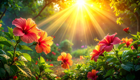 Hibiscus flowers blooming in the garden with sunlight.の素材