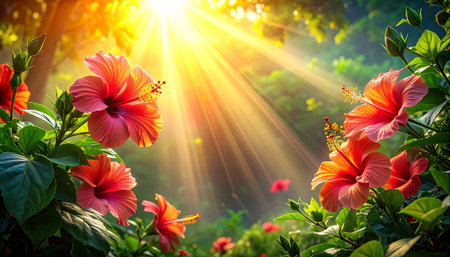 Beautiful hibiscus flowers in the garden with sunlight.の素材